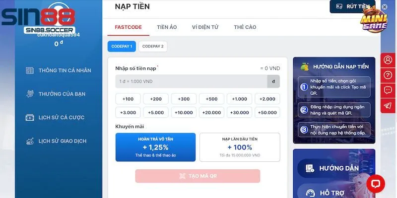 Hướng dẫn nạp tiền Sin88 cho từng hình thức