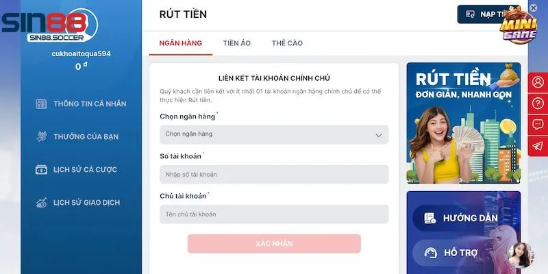 Hướng dẫn thao tác rút tiền Sin88 cụ thể